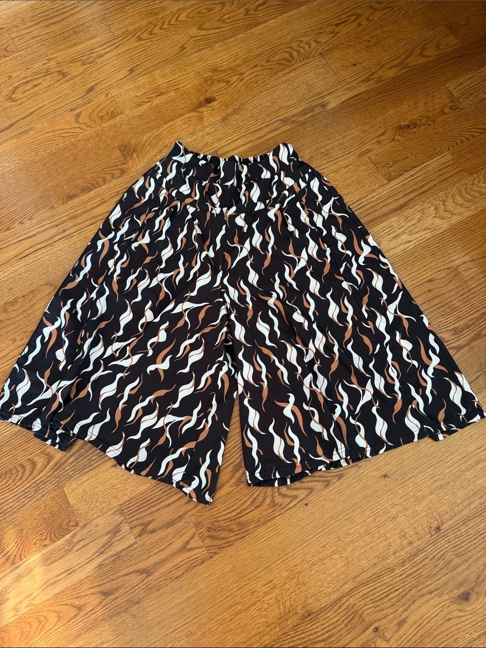 Wide Leg Culottes Gaucho Pants Abstract Print Midi Length Black Brown Size Large